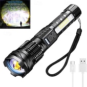 baratos lanternas táticas-Lanterna LED recarregável de alto lúmen, lanterna tática de 1500mAh com luz lateral COB, à prova d'água IPX6, 7 modos, zoom, ideal para camping, emergências e trilhas.