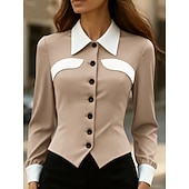 Недорогие Нарядные блузки-Жен. Блуза Пэчворк Пуговицы Контрастных цветов Элегантный стиль Стиль Классика Длинный рукав Рубашечный воротник Обычные топы Повседневные Офис Черный Белый Коричневый Хаки Весна Осень