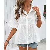 cheap Plain Blouses-Women's Summer Shirt Casual Shirt Blouse Hollow Out Eyelet Solid Color Elegant Stylish Casual Sleeveless Bell Sleeve Turndown Regular Tops Daily Holiday Going out White Summer Spring