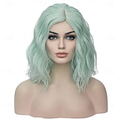 baratos Perucas de festa-Perucas Verdes para Mulheres Curta Cacheada Bob Ondulada Meninas Verde Menta Colorida Ondulação Resistência ao Calor Fantasia Festa