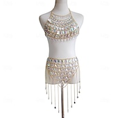 cheap Tops &amp; Sets-Samba Dancewear Iridescent Gem Gold Chain Belly Dance Setl Performance Costume