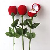 cheap Event &amp; Party Supplies-1PC Flocked Rose Ring Box Long Root Rose Creative Red Rose Flower Ring Display Box Proposal Engagement Anniversary Romantic Gift Box Wedding Jewelry Display Storage