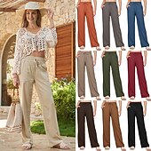 halpa Oleelliset keinotekoiset alaosat-Naisten Puuvillaiset pellavahousut Kiinalainen Kesähousut Suora Loma Perus Vapaa-aika Täyspitkä Korka vyötärö Yhtenäinen väri Tasku Elastinen vyötärönauha Mukava Pehmeä Elastinen ulko- Katu Sininen