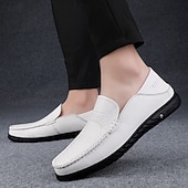 cheap Casual Loafers-Men's White Moccasin Shoes, Genuine Faux Leather, Breathable Design, Classic Style, Comfortable for Casual Wear