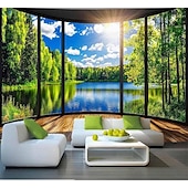 abordables Tapices de pared-Tapiz de lago con vista de ventana en 3D, paisaje natural y forestal, colgante de pared, mural de paisaje de ventana falsa para sala de estar, sala de yoga, espacio de meditación