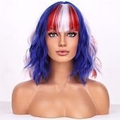  Peruca Vermelha Branca e Azul para Fantasia do Dia 4 de Julho Perucas de Fantasia para Mulheres Curta Cacheada com Franja para Meninas