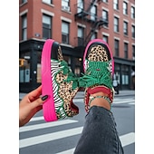 preiswerte Damen-Sneaker-Neonfarbene Sneaker mit Leopardenmuster für Damen – auffällige Plateau-Sneaker mit Zebrastreifen in kräftigen Farben – einzigartige, künstlerische Streetwear-Schuhe für urbane Festivals