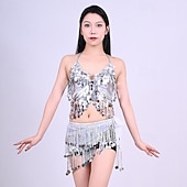 cheap Tops &amp; Sets-Samba Dancewear Silver Sequin Tassel Top &amp; Iridescent Skirt Belly Dance Setl Performance Costume