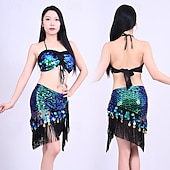 abordables Hauts &amp; Ensembles-Vêtements de danse Samba Ensemble de Danse du Ventre à Franges en Sequins Bleu Vert|l Costume de Performance
