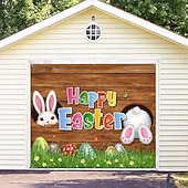 お買い得  ホリデータペストリー-覗くウサギとカラフルな卵が付いたイースターガレージカバー、お祝いの木製の背景の春の装飾、イースターのホームスタイリングと季節の壁の装飾に最適です