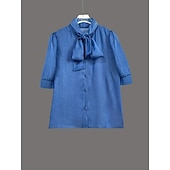 abordables Blusas Sencillas-Mujer Camisa de verano Camisa casual Blusa Plano Diario Elegante Clásico Media Manga Corbata en el cuello Tops regulares Diario Festivos Azul Piscina Verano Primavera