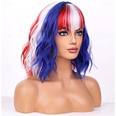 Peruca Vermelha Branca e Azul para Fantasia do Dia 4 de Julho Perucas de Fantasia para Mulheres Curta Cacheada com Franja para Meninas