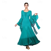 economico Sala da Ballo Standard-abito da ballo da sala nero da donna con scollo a V, maniche a balze multistrato, abito da valzer, abbigliamento da ballo moderno standard da competizione