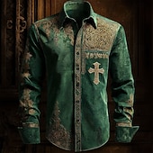 זול חולצה ליום פטריק הקדוש-חולצת צלב קלטית של סנט פטריק לגברים Button Up Long Sleeve Vintage Retro Party Holiday Spring Fall Turndown עם חולצת בד דומה ללינן ירוק 1 ירוק