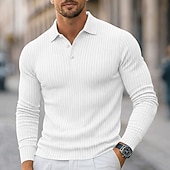 cheap Men's Classic Polo-Men's Rib Knit Top Textured Casual Street Lapel Long Sleeve Basic Modern Plain Buttons Spring Fall All Seasons Slim Fit White Gray Rib Knit Top