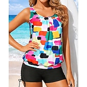 preiswerte Surfen Tankinis &amp; Bikinis-Damen Geraffter Tankini 2 Teile Tropisch UV Schutz Elastisch Ärmellos Bademode Surfen Strand Schwimmen Sommer