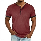 baratos Camiseta Henley Casual-Homens Camisa Henley Camisetas Camiseta 100% algodão Manga Curta Côr Sólida Tecido Cor Única Moda Designer Casual Bloco de cor Botões Henley Casual Diário Ao ar livre Primavera Verão Verão Primavera