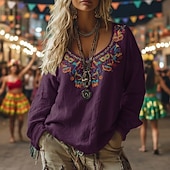 abordables T-shirt Boho-Carnaval Mardi Gras Mujer Camiseta bohemia Camiseta Camiseta superior Estampado Graphic Vintage Étnico Casual Manga Larga Escote en Pico Tops regulares Diario Fin de semana Ropa de vacaciones Lavanda