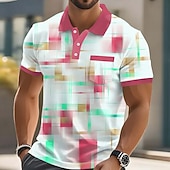 halpa Miesten geometrinen poolo-Miesten Geometrinen Polo Lyhythihainen Poolopaidat Kauluspaidat Business Casual ulko- Urheilu- ja treenivaatteet Arki-asut 3D-tulostus Napit Kevät kesä Sininen Rubiini Purppura