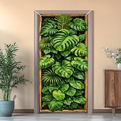 tanie Okładki drzwi-Okładka na drzwi z tropikalnym wzorem liści, iluzja optyczna 3D, płaski wydruk 2D, realistyczny projekt do wystroju domu