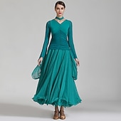 abordables Salón de Baile Estándar-Vestido de baile de salón rojo para mujer, cuello en V, cintura fruncida, manga larga, vestido de vals, traje de competición estándar moderno.