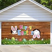 お買い得  ホリデータペストリー-覗くウサギとカラフルな卵が付いたイースターガレージカバー、お祝いの木製の背景の春の装飾、イースターのホームスタイリングと季節の壁の装飾に最適です