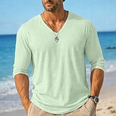 お買い得  コットンリネンTシャツ-男性用 ティートップ 長袖シャツ リネンTシャツ 長袖 Ｖネック 夏 春 春夏 純色 平織り 日常 カジュアル ストリートスタイル 平織り カジュアル アウトドア ストリート ライトブルー レイクブルー ブラック メンズトップTシャツ