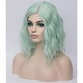 baratos Perucas de festa-Perucas Verdes para Mulheres Curta Cacheada Bob Ondulada Meninas Verde Menta Colorida Ondulação Resistência ao Calor Fantasia Festa