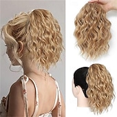 tanie Kucyki-Przedłużanie kucyka - 12-calowe przedłużki z włosów w kucyk ze ściągaczem dla kobiet, syntetyczne, kręcone, falowane, sztuczne kucyki, do codziennego użytku na imprezach (mieszany brąz) 12 cali