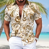 cheap Men's Satin Shirt-Men's Paisley Floral Print Ethnic Shirt Satin Shirt Dress Shirt Short Sleeve Fashion Casual Daily Vacation Summer Spring Turndown Collared Shirts 3D Print Button Up Shirts Blue Purple Green Khaki