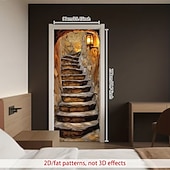 olcso Ajtófedelek-Ajtóborítás 3D optikai illúzió kő lépcsőház design meleg lámpás fénnyel 2D síknyomat dekoratív ajtóburkolat