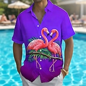 economico Uccelli &amp; Animali-Per uomo Animale Fenicottero Foglia di palma Camicia hawaiana estiva Camicia con Bottoni Camicia Aloha Manica Corta Hawaiano Vacanza Abbigliamento mare Estate Primavera Collo ripiegato Stampa 3D