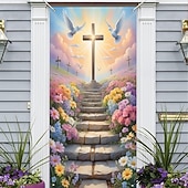 お買い得  ホリデータペストリー-十字架と鳩が描かれたイースターのドアカバー、鮮やかな花の階段のシーン、聖週間のキリスト教の宗教的装飾、イースターや屋外のディスプレイに最適