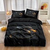 economico Set copripiumino-Set copripiumino con stampa di drago nero Spitfire, set di biancheria da letto in stile hotel con 1 copripiumino e 2 federe, morbido tessuto felpato corto, piumone non incluso.