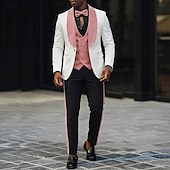 رخيصةأون بدلات الحفلات-ملك الرجال توكسيدو بدلات الحفلات زفاف الشاطئ حفل زفاف ربيعي وردي بلاشيهغ عنابي للربيع والصيف بدلة فتحت الصدر عريضة موضة كاجوال بقع قياس نحيل 3 قطعة مجموعة زر واحد صدر واحد