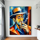 cheap Famous Paintings-Modern Expressionist Man Smoking Canvas Abstract Picaso Style Portrait Wall Art Blue Orange Home Decor Contemporary Art Canvas Unique Character