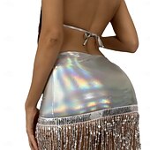 abordables Hauts &amp; Ensembles-Ensemble de bikini scintillant et jupe à franges à sequins Samba Dancewear Costume de performance