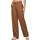 halpa Oleelliset keinotekoiset alaosat-Naisten Puuvillaiset pellavahousut Kiinalainen Kesähousut Suora Loma Perus Vapaa-aika Täyspitkä Korka vyötärö Yhtenäinen väri Tasku Elastinen vyötärönauha Mukava Pehmeä Elastinen ulko- Katu Sininen