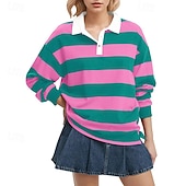 cheap Stripe&amp;Geometric tee-Women's T Shirt Tee Top Buttons Striped Fashion Stylish Classic Long Sleeve Shirt Collar Regular Tops Daily Going out Weekend White Yellow Pink Red Red White Spring Fall