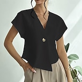 abordables Blouses Unies-Femmes Chemise Décontractée Chemise Boutonnée Chemisier Boutons Ourlet asymétrique Couleur Unie Quotidien Élégant Occasionnel Manche Courte Col en V Hauts Réguliers Quotidien Fête Tenue de plage Noir