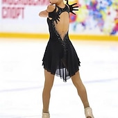 זול שמלות החלקה אמנותית-Figure Skating Dress Women's Ice Skating Dress Black Patchwork Asymmetric Hem High Elasticity Training Competition Skating Wear Classic Crystal / Rhinestone Sleeveless Ice Skating Figure Skating