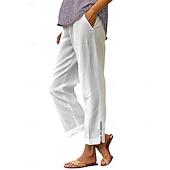  Calça chino feminina 100% algodão, ideal para o verão, férias e estilo streetwear. Comprimento total, cintura média, lisa, com bolsos, cintura elástica, confortável e sem elasticidade. Perfeita para uso diário, atividades ao ar livre e férias. Disponível