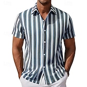 baratos Camisas casuais inteligentes masculinas-Homens Camisa Social Camisa casual camisa de botão Azul Verde Caqui Manga Curta Tiras verticais Colarinho de Camisa Casual Diário Roupa Elegante Moda Casual
