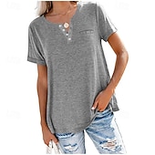 abordables Camiseta lisa-Mujer Tops de verano Blusa Frunce Retazos Bolsillo Color sólido Plano Elegante Vintage damas Manga Corta Escote en Pico Tops regulares Diario Trabajo Festivos Rosa Morado Verde Trébol Caqui Verano