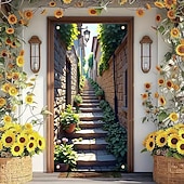 abordables Bannières de Garage et de Porte-Bannière 3D représentant une vieille ruelle, des escaliers en pierre, une vue de rue méditerranéenne, un rideau de porte réaliste et pittoresque, idéal pour la décoration de votre porte d'entrée.