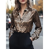 cheap Dressy Blouses-Women's Blouse Buttons Print Leopard Stylish Casual Long Sleeve Shirt Collar Regular Tops Daily Blue Silver Yellow Brown Spring Fall