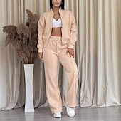 voordelige Dames trainingspakken-Dames Trainingspak Broeken Sets Bolero Top Lange mouw Overhemdkraag Effen Vetoketju Modieus Streetwear Casual Dagelijks Buiten blauw Blozend Roze Donker Roze Lente Normale pasvorm