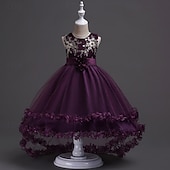 abordables Robes de Fille de Fleurs-Robe de Demoiselle d'Honneur Fille Fille Robe de soirée Tenue de mariage Soirée Mariage Formel Élégant Mode Beau Maille Fleuri Sans manches Col Rond Gris bleu marine 4 ans et +