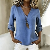 baratos Blusas Elegantes-Mulheres Blusa Tops elegantes Franzido Patchwork Botões Côr Sólida Tecido Elegante Vintage senhoras Manga 3/4 Decote V Tops regulares Diário Trabalho Feriado Azul Amarelo Verde Verão Primavera