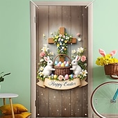 cheap Door Covers-Easter Cross Door Cover, Bunny Basket of Eggs with "Happy Easter" Greeting, Charming Holiday Decoration for Spring, Perfect for Easter Door and Outdoor Decor